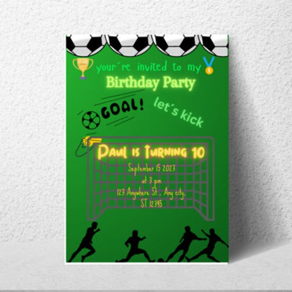 editable soccer Birthday Invitation Template, Printable Birthday Party Invitations, Digital Kids Party Invite, 5x7, Canva template