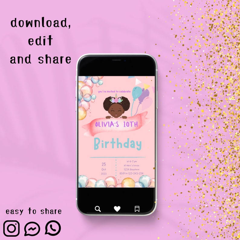 Editable Sweet Girl Birthday Invitation Template, Printable Birthday
