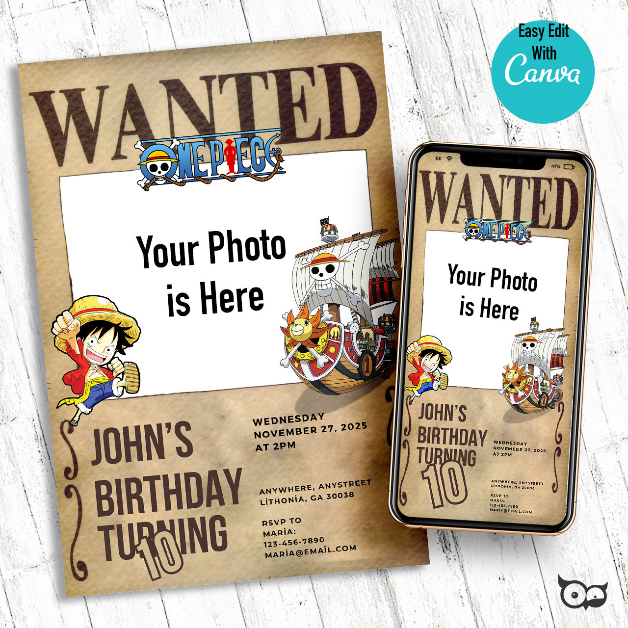 Invitaci n de cumplea os de one piece con foto invitaci n a etsy m xico