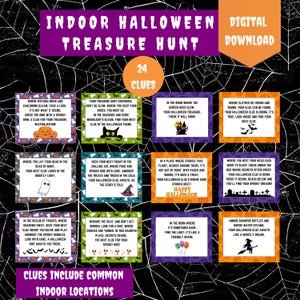Halloween indoor schattenjacht, afdrukbare speurtocht voor kinderen, 24 raadselkaarten, leuke spookachtige familie digitale download activiteit-pdf