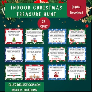 Kerst indoor schattenjacht, afdrukbare speurtocht voor kinderen, 24 raadselkaarten, leuke feestelijke kerstfamilie digitale download activiteit-pdf