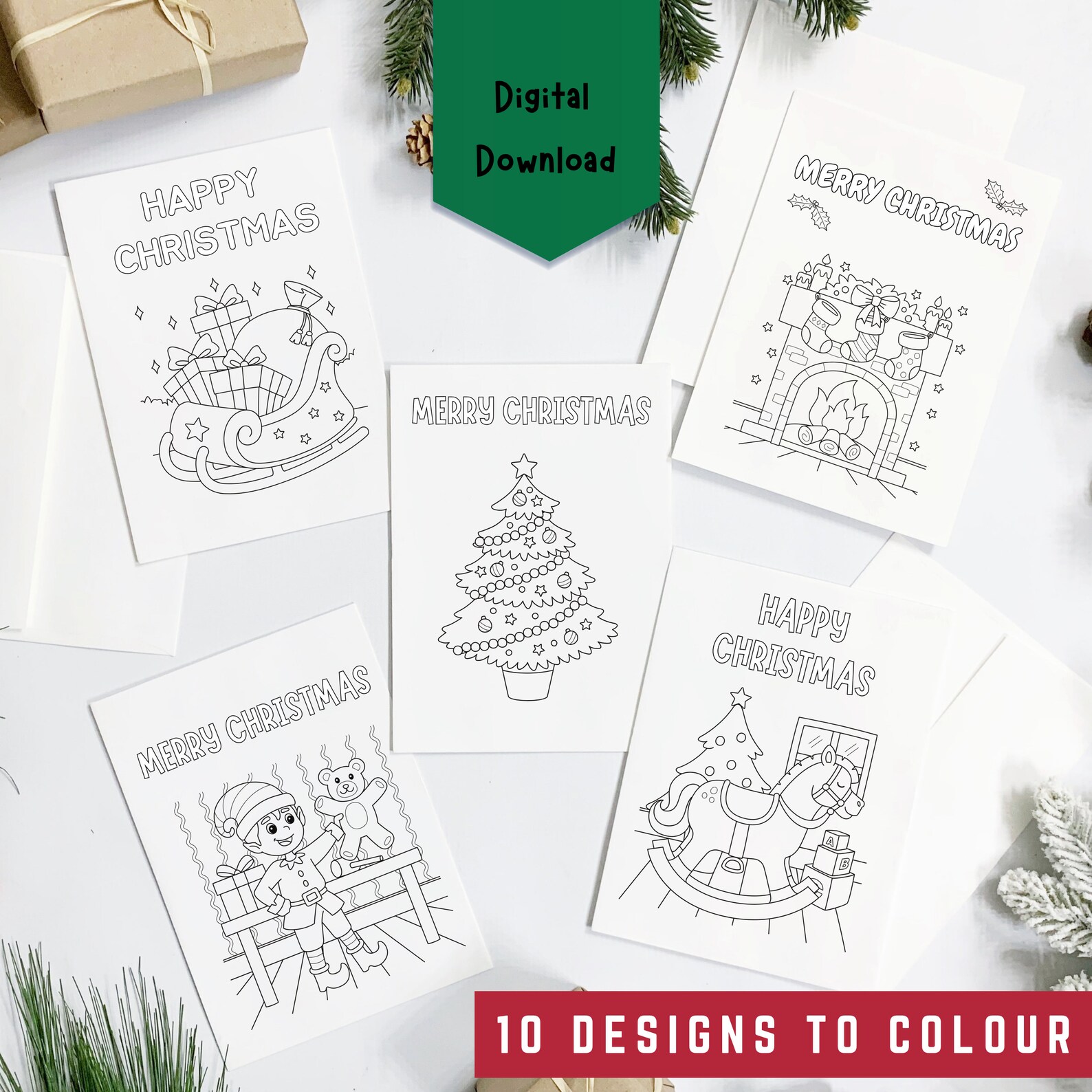 Printable Christmas Colouring Cards Fun Family Activity Pack of 10