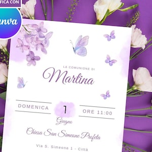 INVITO Prima Comunione Battesimo bimba Fiori Lilla e farfalle - Invito digitale, Inviti stampabili, whatsapp, editabile template su Canva