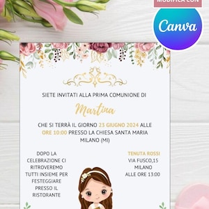 INVITO Prima Comunione Principessa Principesco Regina bimba rosa - Invito digitale, Inviti stampabili, whatsapp, editabile template su Canva