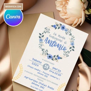 INVITO Minimal Elegante Battesimo Prima Comunione bimbo beige e azzurro,Invito digitale, Inviti stampabili, editabile template su Canva