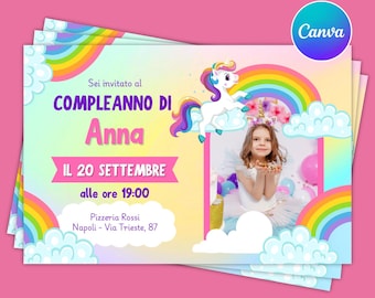 Invitación de cumpleaños digital - cumpleaños - unicornio - rosa - unicornios - niña - niña - invitación de WhatsApp femenina - niña pequeña - canva