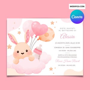 Invito battesimo digitale - invito coniglietto coniglio - Invito rosa minimal - rabbit - inviti whatsapp battesimo canva