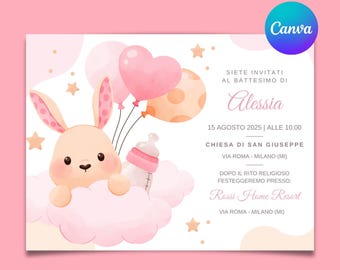 Digital baptism invitation - bunny rabbit invitation - Minimal pink invitation - rabbit - whatsapp baptism invitations canva