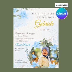Invito battesimo - invito fiori - Invito azzurro verde oro con foto minimal - floreale - whatsapp maschietto canva con fotografia - bimbo