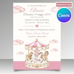 Invito battesimo digitale - invito battesimo - Invito rosa - invito battesimo carosello - Invito giostrina - invito whatsapp battesimo canva