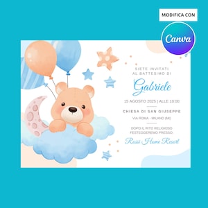 Invitation baptême numérique - lapin nounours - Invitation bleue minimaliste - ours - invitations whatsapp baptême canva bébé garçon