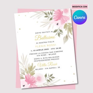 Modello di invito per battesimo di fiori, floreale stampabile, per bimba, battesimo rosa, modificabile con canva facile inviti digitale