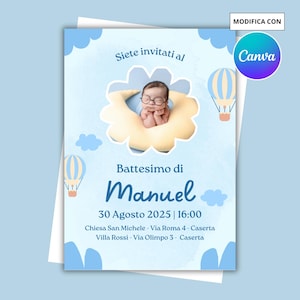 Invito battesimo digitale - mongolfiera - Invito azzurro - mongolfiere - bimbo - maschio - maschietto -  invito whatsapp battesimo canva