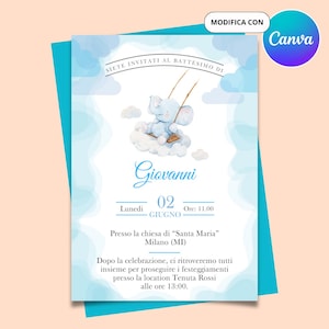 Invito battesimo digitale - invito battesimo - Invito azzurro celeste - battesimo elefante - Invito elefantino - invito battesimo canva