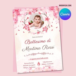 Invito battesimo digitale - invito fiori - Invito rosa con foto minimal - floreale - invito whatsapp battesimo canva con fotografia