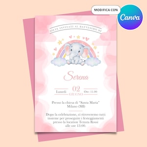 Invito battesimo digitale - invito battesimo - Invito rosa - invito battesimo elefante - Invito elefantino - invito battesimo canva