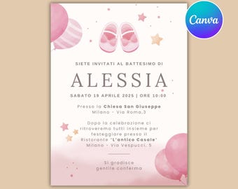 Digital baptism invitation - baptism invitation - Pink invitation - baby shoes baptism invitation - baby girl - baptism canva