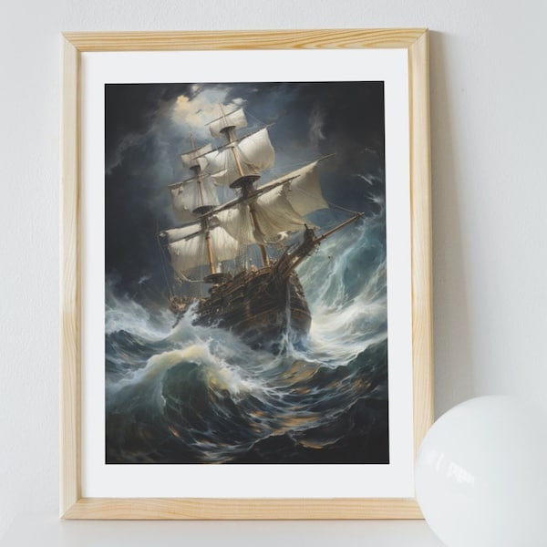 Ship in Storm Painting digital file, Maritime Artwork, Nautical Wall Decor, Realistic Ship Art, Maritime Home Decor, Gift for dad.