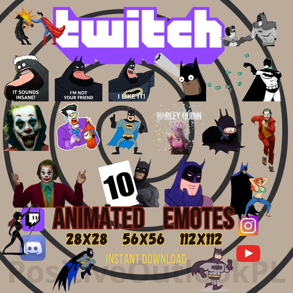 20 Animated Batman Twitch Emotes, YouTube Emotes, Discord Emotes, Superhero Emotes, Joker Emotes, Harley Quinn Emotes, Colorful Emotes