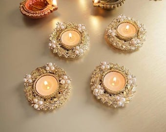 Gold Pearl Tealight Candle Holders Set | Decorative Tea Light Holders