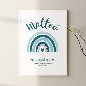 Personalisiertes Geburtsposter Junge | Geschenk Geburt Geburtstag Taufe Baby | Eltern Mama Papa | Regenbogen |  Babyparty | Blau