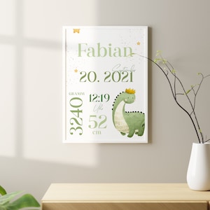 Geburtsposter personalisiert Dino | Geschenk Geburt Geburtstag Taufe Baby | Eltern Mama Papa | kleines Wunder |  Babyparty | Aquarell