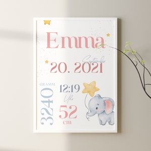 Geburtsposter personalisiert Elefant | Geschenk Geburt Geburtstag Taufe Baby | Eltern Mama Papa | kleines Wunder |  Babyparty | Aquarell