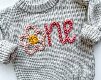 Flower “one” hand-embroidered sweater for toddlers, first birthday flower sweater