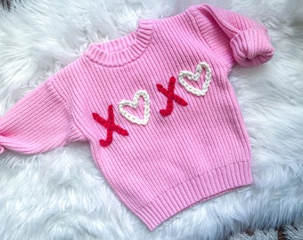 Valentines Day infant and toddler hand-embroidered hearts sweater