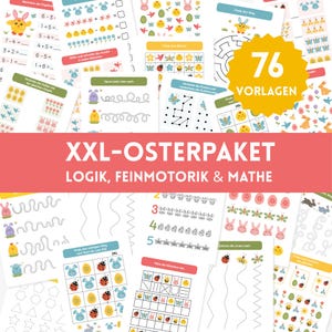 Può includere: Una raccolta di fogli di lavoro didattici a tema pasquale. I fogli di lavoro presentano illustrazioni colorate di coniglietti, uova e fiori. Il testo "XXL-OSTERPAKET LOGIK, FEINMOTORIK & MATHE" è visualizzato. Un distintivo giallo recita "76 VORLAGEN".