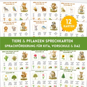 Könnte beinhalten: Ein Set aus 12 Lernkarten mit dem Titel "TIERE & PFLANZEN SPRECHKARTEN" zur Sprachförderung. Jede Karte zeigt Illustrationen von Tieren oder Pflanzen, eine kleine Entdeckerfigur und deutsche Textfragen zu Farbe, Größe und Lebensraum.