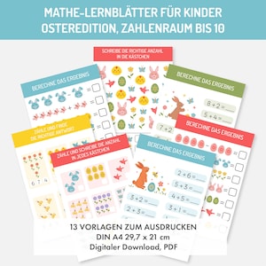 May include: A set of 13 printable worksheets for kids featuring Easter-themed math problems. The worksheets include addition and subtraction problems with numbers up to 10, as well as counting and number recognition activities. The worksheets are designed for children in kindergarten or first grade.