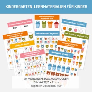 May include: A set of 24 printable worksheets for kindergarteners featuring various activities like sorting, matching, and finding pairs. The worksheets feature colorful illustrations of animals, ice cream cones, and other objects.