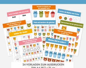 May include: A set of 24 printable worksheets for kindergarteners featuring various activities like sorting, matching, and finding pairs. The worksheets feature colorful illustrations of animals, ice cream cones, and other objects.