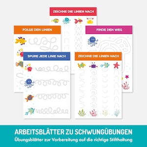 Pu&ograve; includere: Quattro fogli di lavoro stampabili a tema marino per i bambini per esercitarsi a tracciare le linee. I fogli di lavoro presentano colorate creature marine come granchi, pesci e un polpo. Il testo sui fogli di lavoro dice "Zeichne die Linien nach", "Folge den Linien", "Spure jede Linie nach", "Finde den Weg", e "Zeichne die Linien nach".