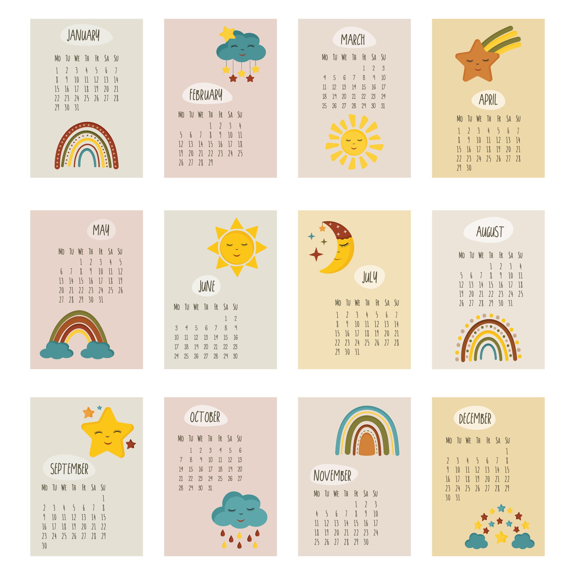 monthly-printable-calendar-2024-for-kids-cute-rainbow-mini-12-etsy-uk