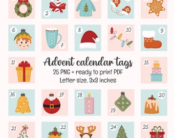 Calendario dell'avvento di Natale. Adesivi e targhette dell'Avvento stampabili. Conto alla rovescia di Natale. Calendario dell'avvento stampabile per bambini. Calendario dell'avvento fai da te.