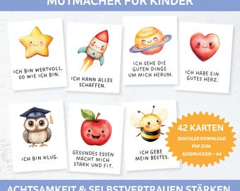 Bevestigingskaarten voor kinderen, 42 bevestigingen, bemoedigende kaarten, positieve overtuigingen. Aanmoedigingskaarten, aanmoedigingskaarten. Mindfulness voor kinderen
