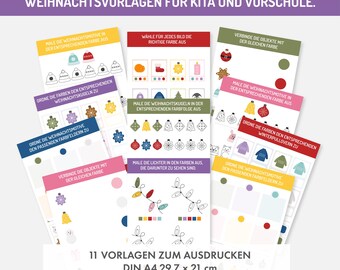 May include: Eleven printable Christmas-themed activity sheets for kids. The sheets feature various activities, including coloring, matching, and sequencing. The sheets are designed for preschool and kindergarten children. The text on the sheets reads "Arbeitsblätter für Kinder. Farben lernen. Weihnachtsvorlagen für Kita und Vorschule." and "11 Vorlagen zum Ausdrucken DIN A4 29,7 x 21 cm Digitaler Download, PDF".