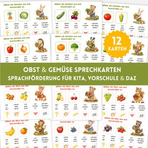 Könnte beinhalten: Ein Set aus 12 Lernkarten mit Illustrationen von Obst und Gemüse und deutschen Texten. Jede Karte enthält ein zentrales Bild, Fragen zu Farbe, Größe, Geschmack und Verwendung sowie ein kleines Tier, das einen Korb mit Ernte hält.