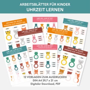 Könnte beinhalten: Lehrblätter für Kinder zum Erlernen der Uhrzeit, mit bunten Uhren mit Tiergesichtern. Die Arbeitsblätter enthalten Übungen wie das Zuordnen von Zeiten und das Zeichnen von Zeigern. Die Größe ist DIN A4, 29,7 x 21 cm.