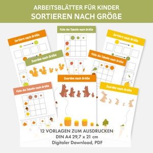 Può includere: Un insieme di fogli di lavoro stampabili per bambini, con attività di ordinamento. I fogli di lavoro presentano illustrazioni colorate di scoiattoli, orsi, conigli e altri oggetti. Il testo include "Ordina per dimensione". I fogli sono in formato A4, 29,7 x 21 cm.