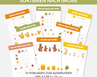 Activities for children. Preschool worksheets for children. Concentration and perception exercises. Sorting by size. Templates for educators.