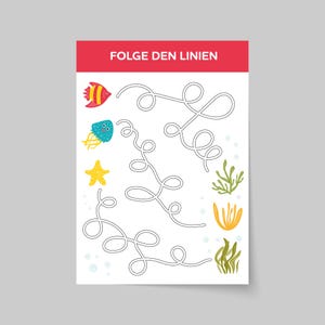 Pu&ograve; includere: Un foglio di lavoro stampabile per bambini con un labirinto che presenta un pesce, una medusa, una stella marina e alghe. Il testo "FOLGE DEN LINIEN" &egrave; in cima alla pagina.