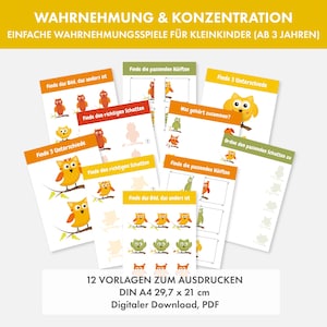 May include: Twelve printable worksheets for preschoolers featuring colourful owl illustrations. The worksheets include activities like finding the different image, matching halves, and finding the correct shadow. The text on the worksheets is in German.