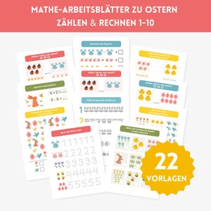 May include: A collection of colorful Easter-themed math worksheets. The worksheets feature counting, addition, and subtraction problems with illustrations of bunnies, ladybugs, and chicks. The text on the worksheets reads "MATHE-ARBEITSBLÄTTER ZU OSTERN ZÄHLEN & RECHNEN 1-10".