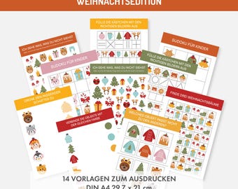 May include: A set of 14 printable Christmas-themed activity sheets for kindergarten and preschool children. The sheets feature various activities such as Sudoku, find the differences, and matching games. The sheets are designed to be printed on A4 paper (29.7 x 21 cm).
