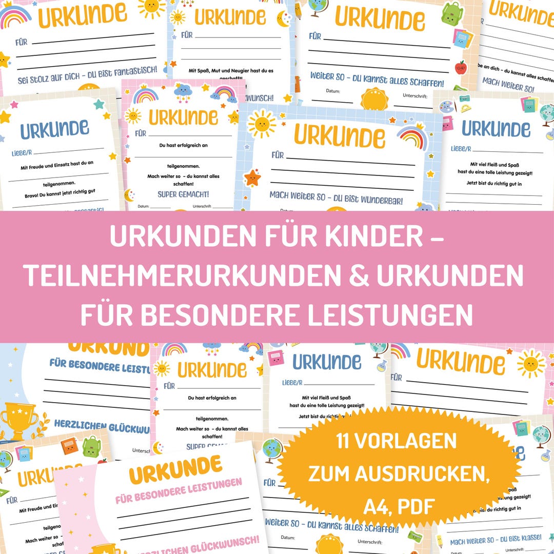 Urkunden für Kinder – Bundle mit 11 Vorlagen zum Ausdrucken. Urkunde