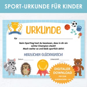 Sport Urkunde für Kinder. Urkunde für Kinder.  Urkunde Sportfest Sporttag. Urkunde Kinderolympiade. Kinderurkunde. Sporturkunde Vorlage PDF.