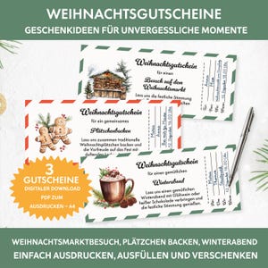 May include: Three printable Christmas gift certificate templates. The designs include a Christmas market scene, gingerbread cookies, and a mug of hot chocolate. The certificates are digital downloads.